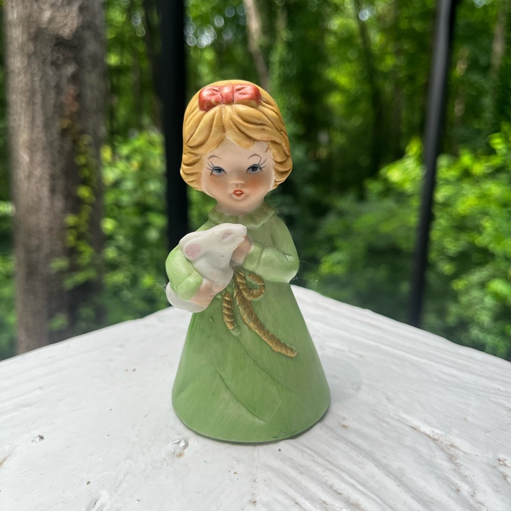 Vintage Little Girl Wearing Green Dress Holding Bunny Bisque Porcelain Bell